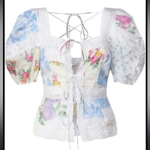 For Love & Lemons Violette Blouse White Lace Puff Sleeve Floral Top